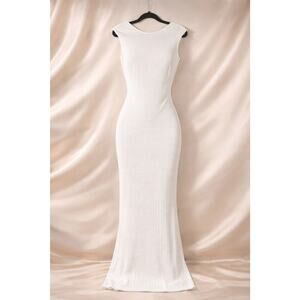 Luvalot White Stretch Bodycon‎ Midi Dress Small Textured Open Back Tie Fitted